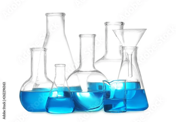 Fototapeta Laboratory glassware with liquid on white background. Solution chemistry