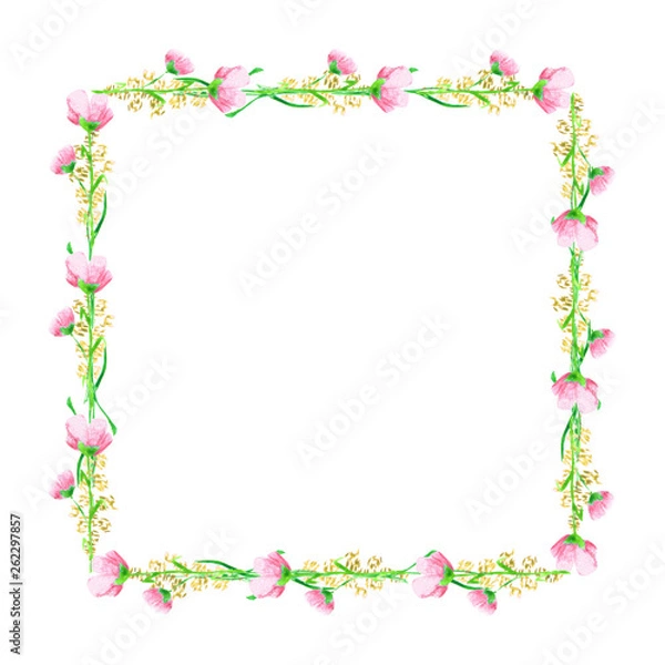 Fototapeta Watercolor square frame. Hand drawn floral card design. Pattern of wild flowers.
