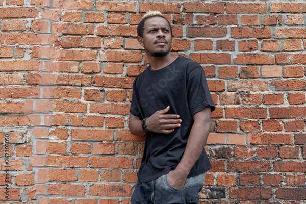 Obraz Young attractive dark-skinned man in black T-shirt on red bricked background.