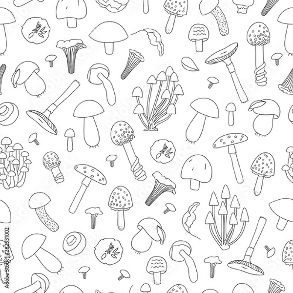 Fototapeta Vector seamless pattern of black and white mushrooms. Food texture in cartoon style.