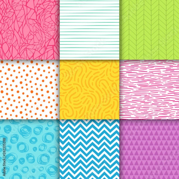 Fototapeta Abstract hand drawn geometric simple minimalistic seamless patterns set. Polka dot, stripes, waves, random symbols textures. Vector illustration