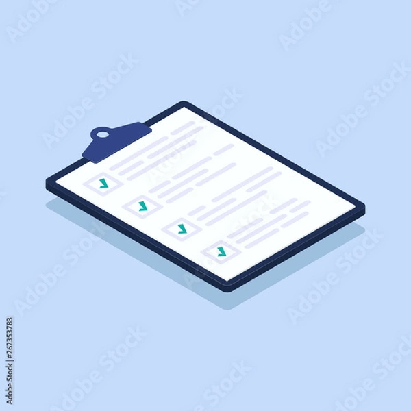 Obraz Isometric checklist vector illustration. Pad with sheets of paper and a list of tasks with checkboxes that are checked with a green check mark.