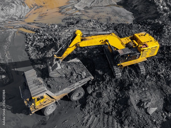 Fototapeta Open pit mine, extractive industry for coal, top view aerial drone