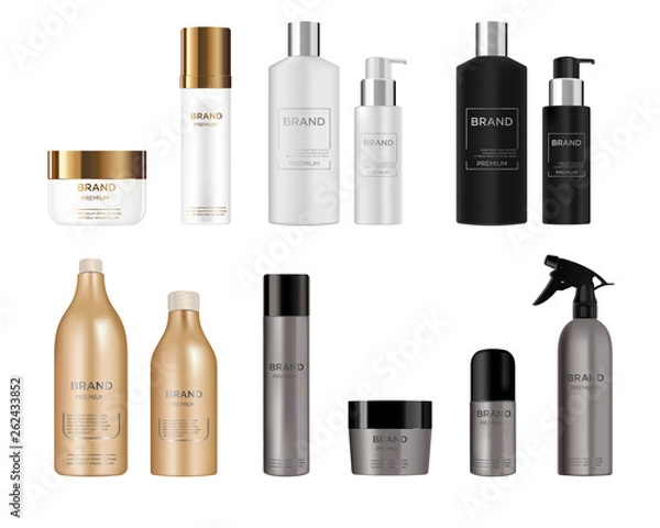 Fototapeta Round white, black, gold, grey and silver plastic bottle set with dispenser for  liquid soap, lotion, shampoo, shower gel, lotion, body milk.  Realistic packaging mockup template. Side view.  Vector i