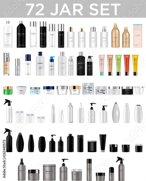 Fototapeta   Set vector blank templates of empty and clean multicolor plastic and glass containers:  bottles with spray, dispenser and dropper, cream jar, tube.  Realistic 3d mockup of cosmetic package. Vector i