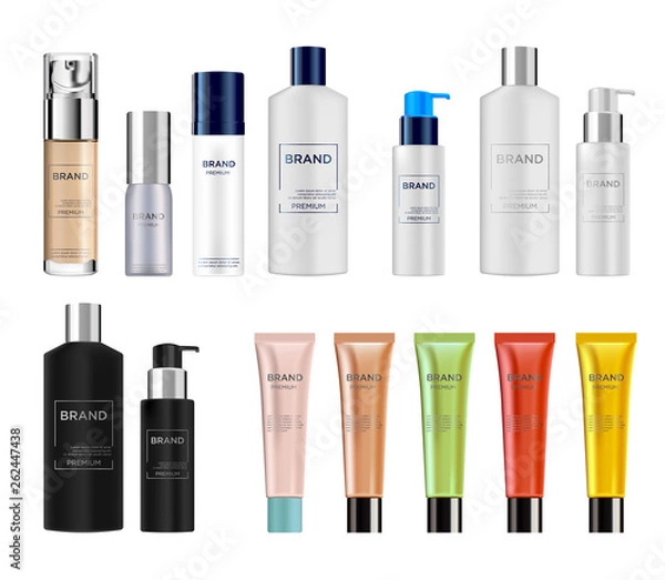 Fototapeta Set vector bottles of empty and clean multicolor plastic and glass containers:  bottles with spray, dispenser and dropper, cream jar, tube.  Realistic 3d mockup of cosmetic package. 