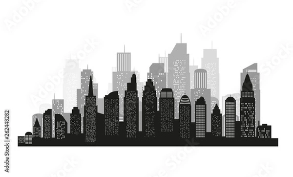 Fototapeta The silhouette of city with black color on white background in a flat style. Modern urban landscape. vector illustration.