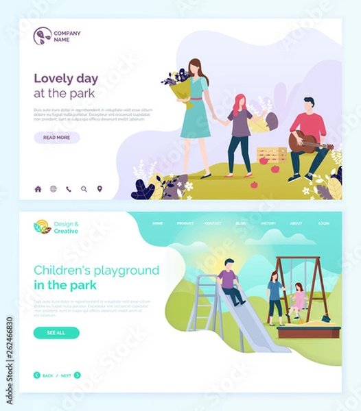 Fototapeta Lovely day in park vector, children playground kids playing with mother. Boy and girl on swings, sandbox with shovel and bucket for castles making. Website or webpage template, landing page flat style