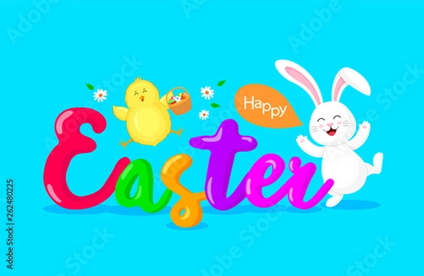 Fototapeta Easter text with cute white rabbit and chick. Cartoon character design. Happy Easter day concept, illustration isolated on blue background.