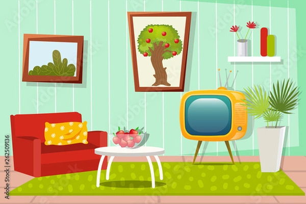 Obraz The interior of the living room is made in cartoon style with furniture. TV, chair, carpet, fruit table.