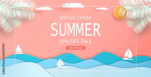 Fototapeta Sea view and Summer sale banner design with paper cut. And in the tropical and colors of modern and beautiful And can be used as an illustration or background