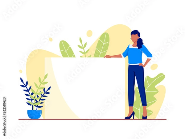 Fototapeta Clear sheet of white paper. Young woman is holding blank banner on abstract floral background. Your text here, copy space. Flat vector concept illustration isolated on white.