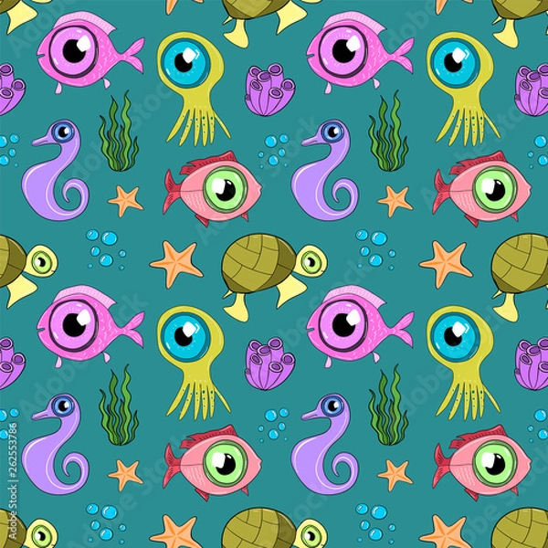 Fototapeta Drawn pattern with underwater inhabitants of the ocean. Art cartoon illustration
