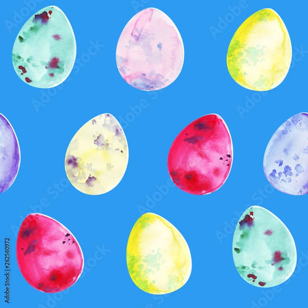 Fototapeta Blue seamless pattern with hand drawn watercolor Easter eggs decorated with abstract splatters resembling moon surface