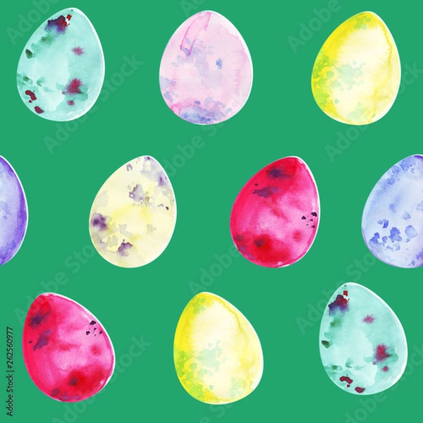 Fototapeta Mint green seamless pattern with hand drawn watercolor Easter eggs decorated with abstract splatters resembling moon surface