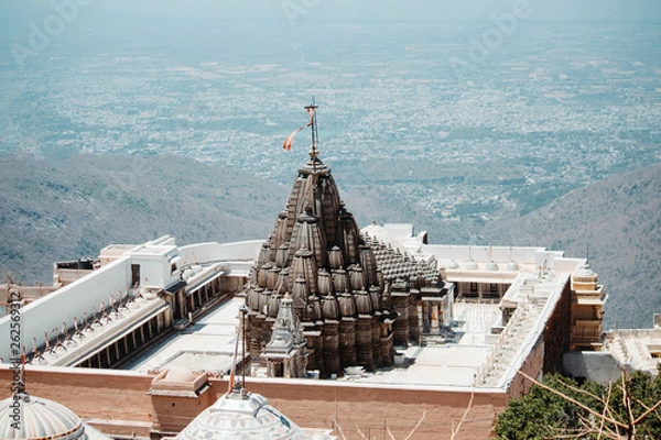 Fototapeta Aerial view of the Neminath Jain Temple at top of the Mount Girnar in Junagadh, Gujarat, India