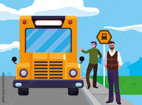 Fototapeta teachers couple in bus stop