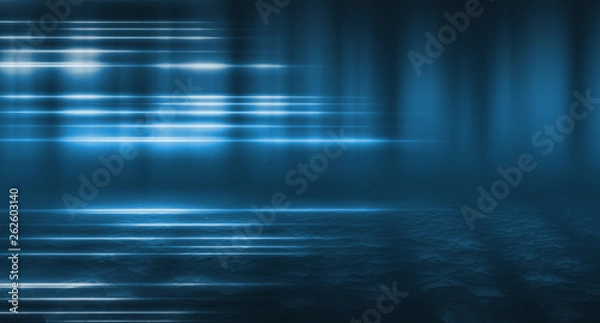 Fototapeta Background of empty street, room. Background of empty scene at night. Concrete coating. Reflection on wet pavement of neon lights. Neon blue lines. Dark abstract background.