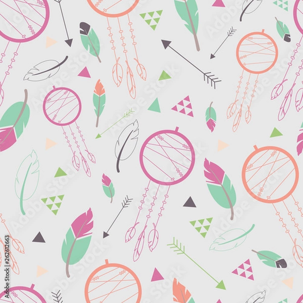 Fototapeta Vector Grey Dream Catcher and Feather vector Pattern.  Great for Wallpaper, wrapping paper. Surface Pattern