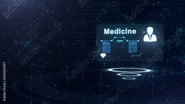 Fototapeta Abstract hologram. Medicine card with head shot and sign of heart rate, pressure and some other diagrams. Abstract blue background, full of light asterium. Card is over three glowing circles.