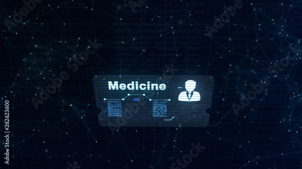 Fototapeta Abstract hologram. Business card with a sign of darts, gear-wheel and some other diagrams. Abstract blue background, full of light asterium.