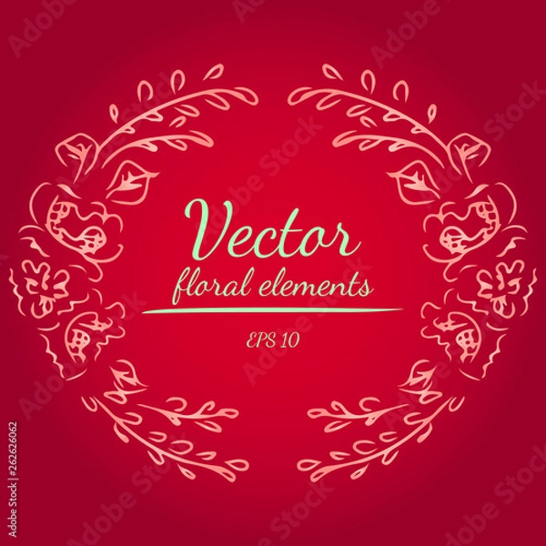 Fototapeta Wreath of peonies flowers branch on red color background. Floral circle frame design elements for invitations, greeting cards, posters, blogs. Hand drawn vector illustration. Vector floral elements