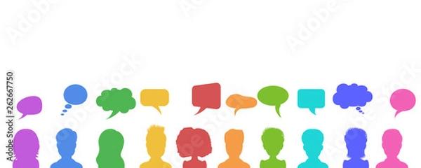 Fototapeta Illustration in flat style, businessmen discussion in social networks, news or chat dialogue speech bubbles. Social network design concept.
