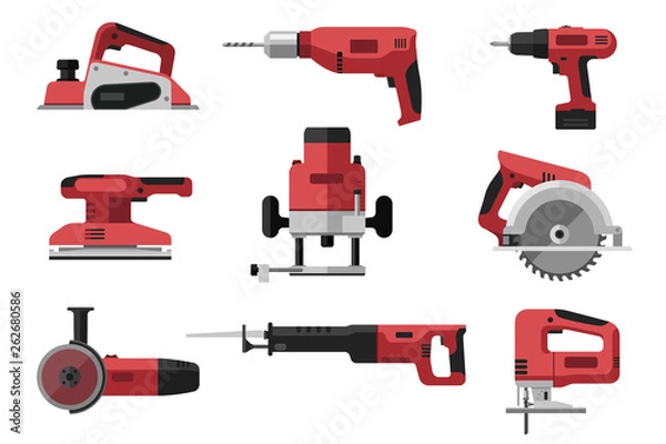 Fototapeta Power electric tools set in flat style. Red industrial instrument. Illustrations of saws, drill, planer, grinders, screwdriver.