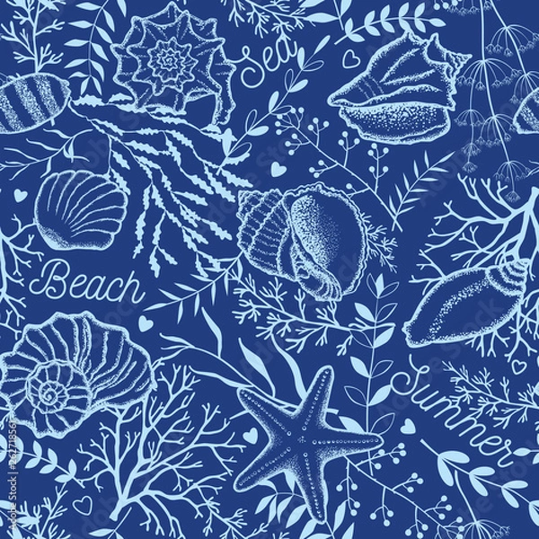 Fototapeta Seashells and seaweed on a blue background. Underwater scene. Vector seamless pattern.