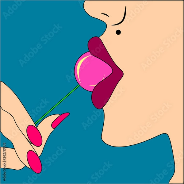 Obraz Illustration of lips and lollipop candy with speechbubble, vector poster