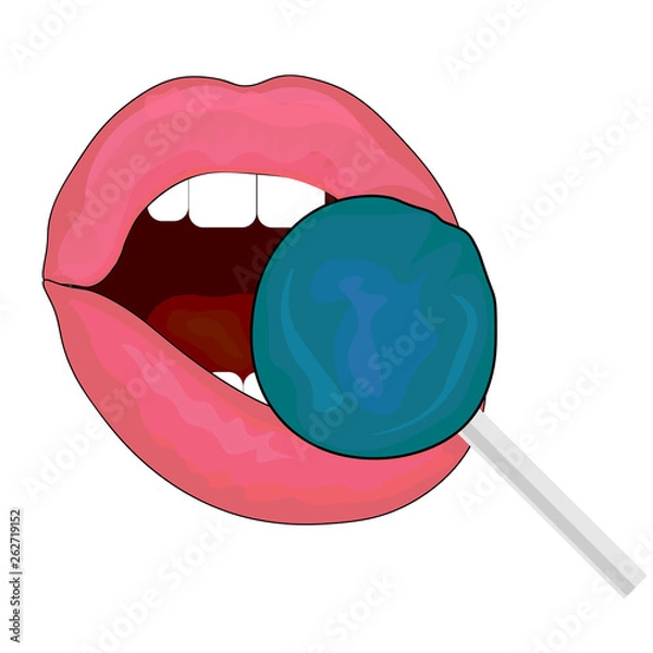 Obraz Mouth licking lollipop, red female glossy lips and pink candy on a stick vector