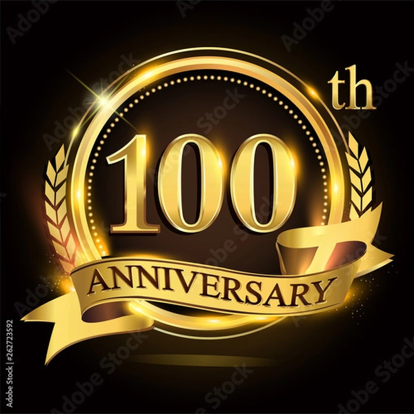 Fototapeta 100th golden anniversary logo with ring and ribbon, laurel wreath vector design.