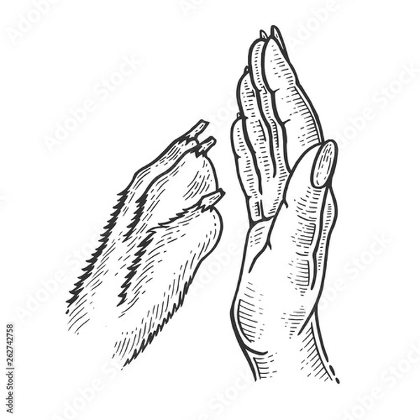 Fototapeta High five with dog sketch engraving vector illustration. Scratch board style imitation. Black and white hand drawn image.