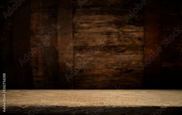 Fototapeta background barrel and worn old table of wood