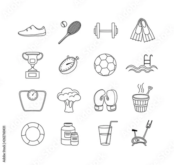 Obraz Fitness line icons. Sport and training icon set. Vector illustration.