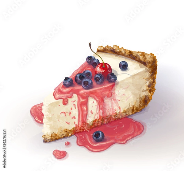 Fototapeta Vector piece of cheesecake cake with airy and tender, delicate creamy-curd cheese. Crisp and crumbly cake with back. Berry jam, juicy, liquid, blueberry and cherry. Appetizing, realistic, homemade