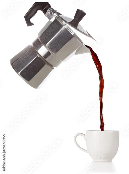 Obraz coffee poured from a flying moka into a cup isolated on white
