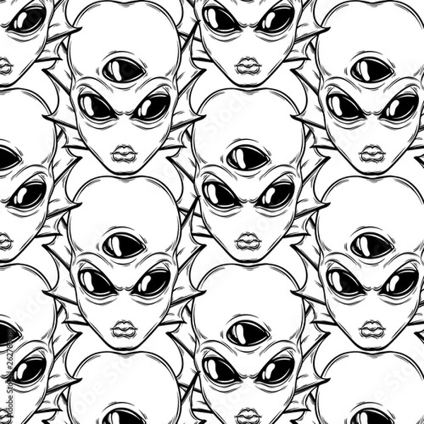 Fototapeta Vector pattern with hand drawn illustration of angry alien with three eyes isolated .