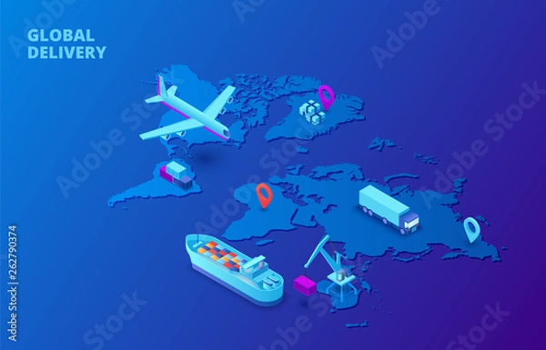 Fototapeta Global delivery concept with map, plane and tanker on a dark blue background. Isometric vector illustration. Landing page template for web.