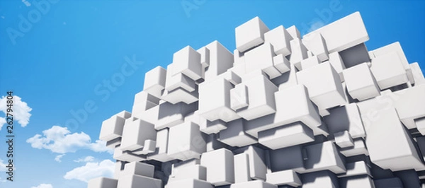Fototapeta Colorful abstract panoramic background: geometric white matte cube wall.  ( Car backplate, 3D rendering computer digitally generated illustration.)