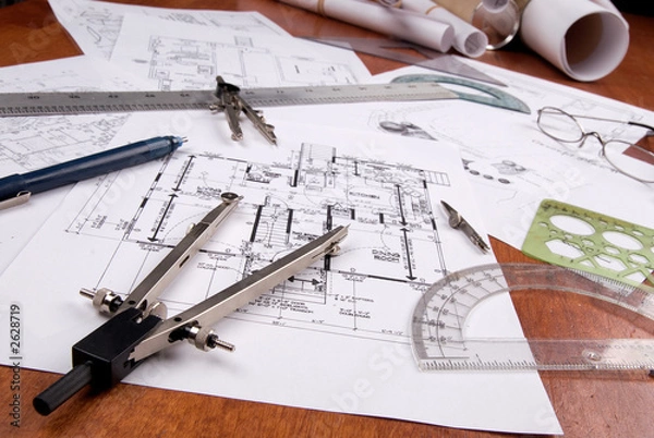 Obraz engineer, architect or contractor plans and tools