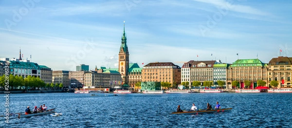 Fototapeta Hamburg Outer Alster z ratuszem i Jungfernstieg