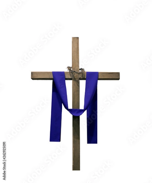 Obraz Wooden cross draped with purple fabric and thorns