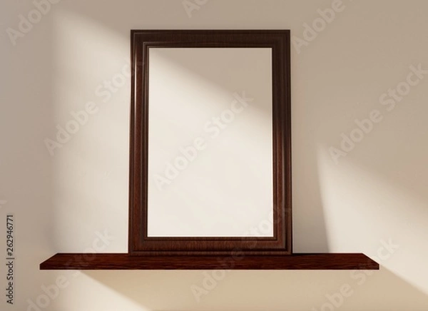 Fototapeta An empty frame on a wooden shelf with white background. Mock up for images, photos, lettering. 3D rendering.