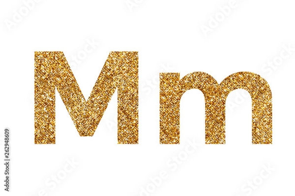 Fototapeta Character M. Letters and Numbers from golden grains of sand. English alphabet. Isolated on white background.