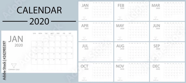 Fototapeta Calendar 2020 with week starts on Sunday. Minimal planner vector template date desk. Modern design office organizer. Schedule number style diary. January february march april may june and others month