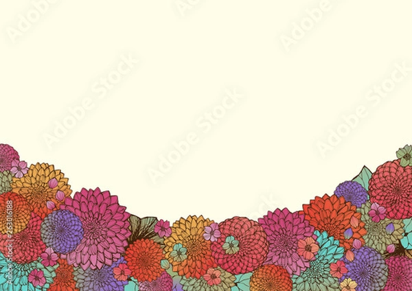 Fototapeta レトロ調 和風のフレーム 手書きの花柄　背景素材 和柄　お祝い