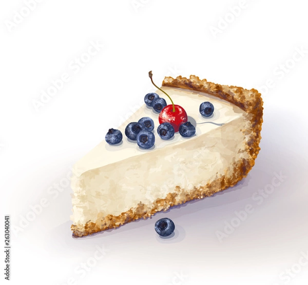 Fototapeta Vector piece of cheesecake cake with airy and tender, delicate creamy-curd cheese. Crisp and crumble cake with back, appetizing, realistic, homemade cakes, with bleaberries and cherry. Tasty-healthy
