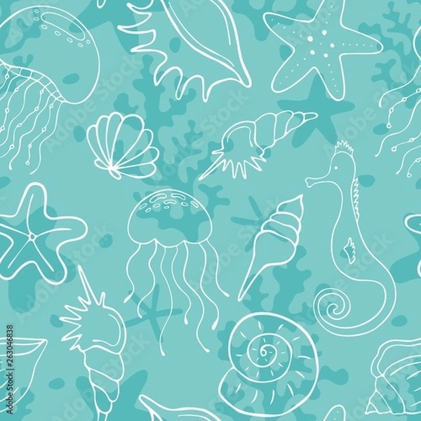 Fototapeta Seamless pattern with seashells, corals, jellyfishes, seahorses and starfishes. Marine background. Perfect for greetings, invitations, wrapping paper, textile, wedding and web design.