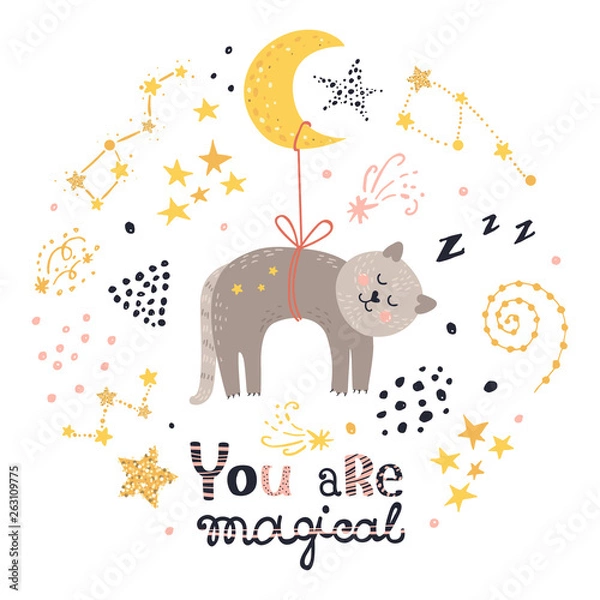 Obraz Poster with cat, stars and lettering. Vector illustration for your design